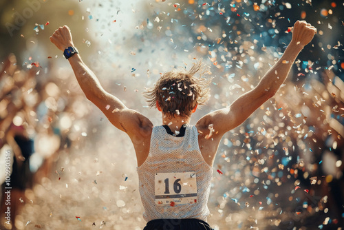 A young Caucasian marathon runner joyfully crossing the finish line, exhaustion evident but overshadowed by triumph. Confetti rains down as the crowd erupts in cheers, capturing a moment of