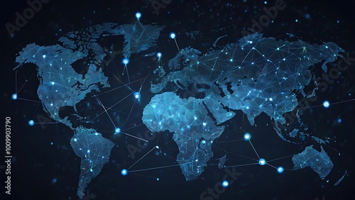 Fototapeta Naklejka Na Ścianę i Meble -  digital illustration of a stylized world map in a dark blue color background with various icons and symbols connected by lines, representing a network, global communication network concept	