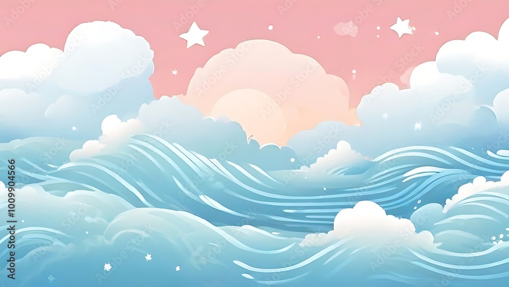 Pastel Sky and Wavy Ocean Illustration Pastel Sky and Wavy Ocean Illustration