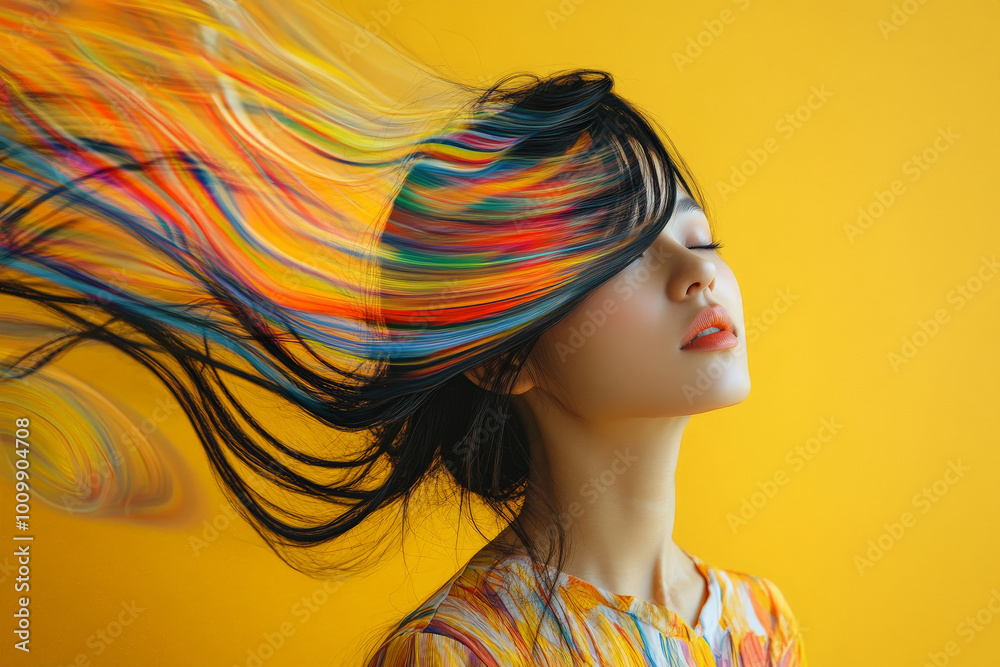 Naklejka premium A young Japanese woman with intense, swirling colors flowing around her head against a solid yellow background. The vibrant hues symbolize energy and creativity.