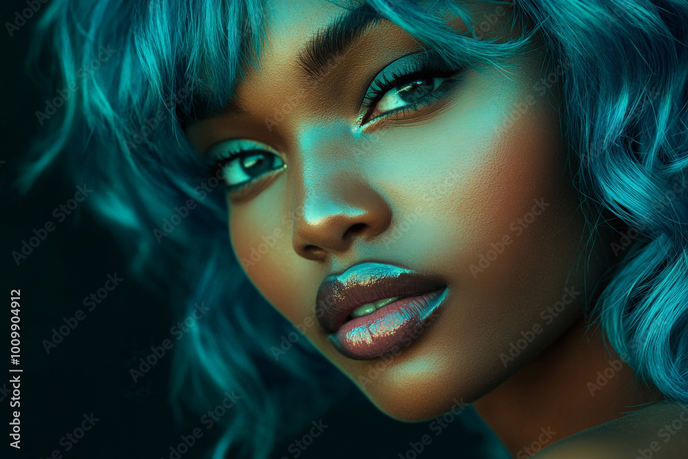Fototapeta premium Close-up of a young African American woman with hair styled like rolling ocean waves in shades of aqua and deep blue, against a solid black background. Her impeccable makeup and lighting create a