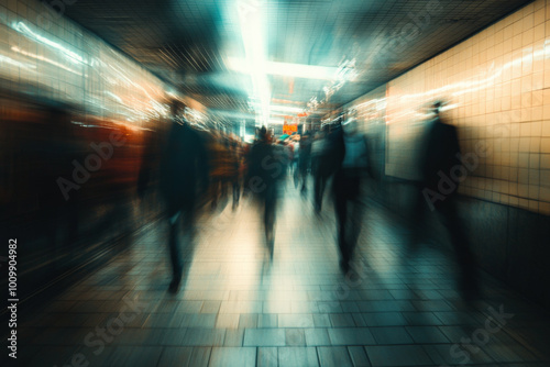 A captivating shot of people moving in different directions within an underground transit area, their figures blurred to convey rapid motion. The urban setting, with its stark lighting and structural