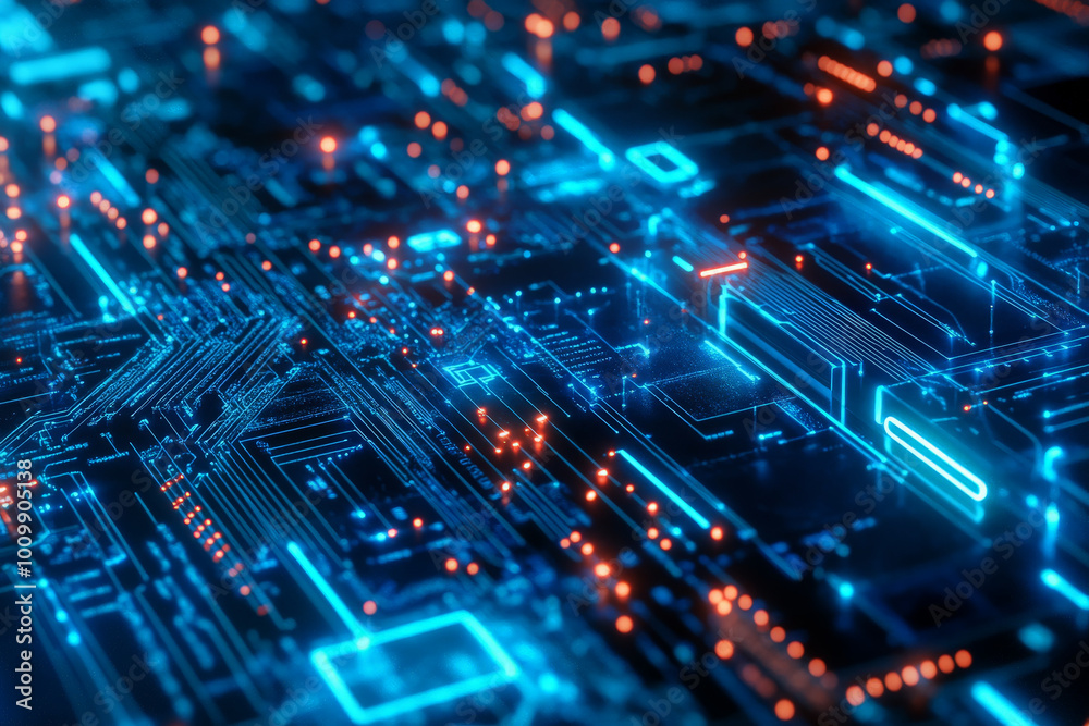 A high-tech blue background highlighted by intricate neon circuit designs and vibrant abstract data flows. The glowing elements convey a sense of depth and complexity, symbolizing the future of A high-tech blue background highlighted by intricate neon circuit designs and vibrant abstract data flows. The glowing elements convey a sense of depth and complexity, symbolizing the future of