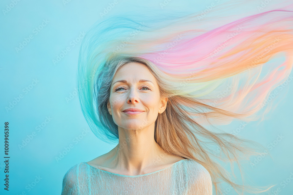 A middle-aged Caucasian woman with a big wave of pastel colors flowing around her head, set against a solid sky-blue background. The movement and colors convey a sense of serenity and balance. A middle-aged Caucasian woman with a big wave of pastel colors flowing around her head, set against a solid sky-blue background. The movement and colors convey a sense of serenity and balance.