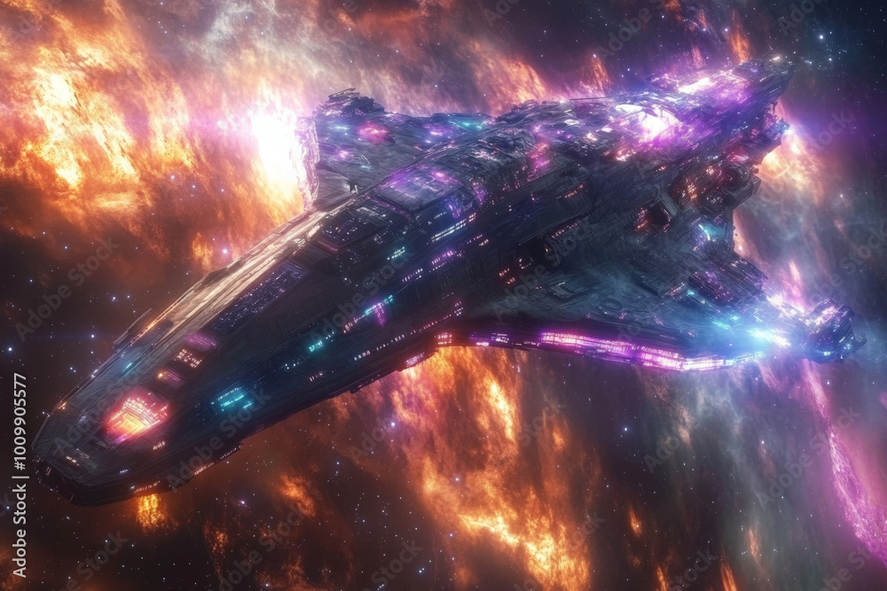 Fototapeta premium A spacecraft of epic proportions, shimmering in holographic colors with LED lights lining its hull, traveling through a cosmic storm, the surrounding space glowing with energy.