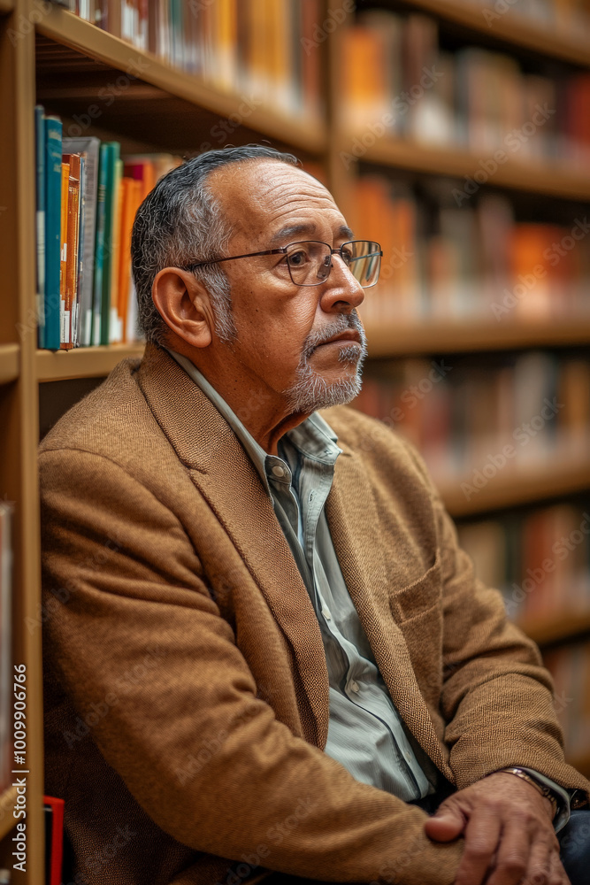A senior Hispanic man in a well-fitted blazer, seated in a quiet library corner, pondering his next book choice with a thoughtful gaze at the shelves. A senior Hispanic man in a well-fitted blazer, seated in a quiet library corner, pondering his next book choice with a thoughtful gaze at the shelves.