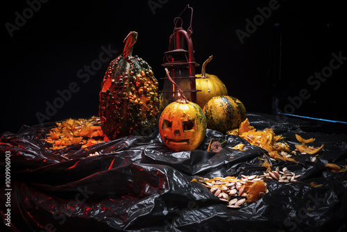 art scary Halloween with pumpkins and an old kerosene lamp in a red light preparation for the celebration in a dark room  photo