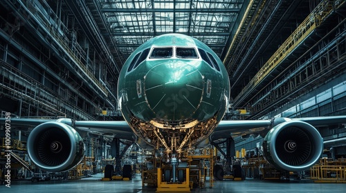 An industrial robot meticulously assembles an airplane within a large manufacturing facility, showcasing advanced technology and efficiency in aircraft production