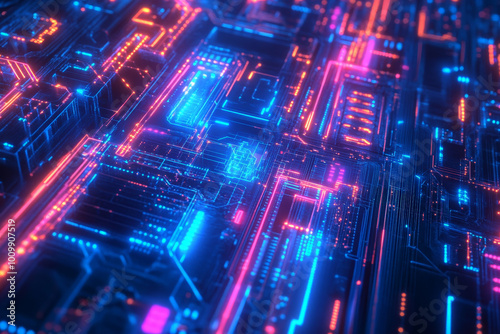 A rich blue backdrop infused with neon circuit designs and energetic abstract data streams. The combination of bright colors and intricate patterns evokes a sense of advanced technology and innovation