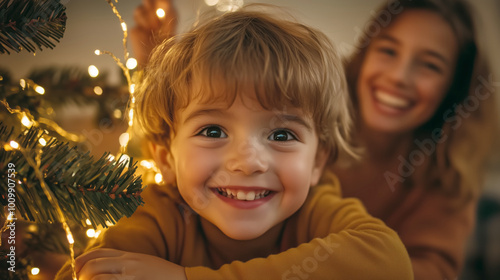 Joyful child and mother decorating a Christmas tree