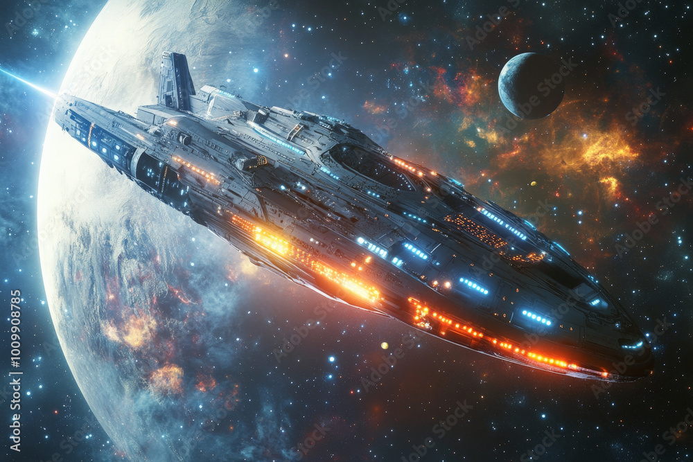 A futuristic, holographic spacecraft with glowing LED lights pulsing in sync, cruising through the cosmic expanse of space, planets and stars forming a dazzling backdrop. A futuristic, holographic spacecraft with glowing LED lights pulsing in sync, cruising through the cosmic expanse of space, planets and stars forming a dazzling backdrop.
