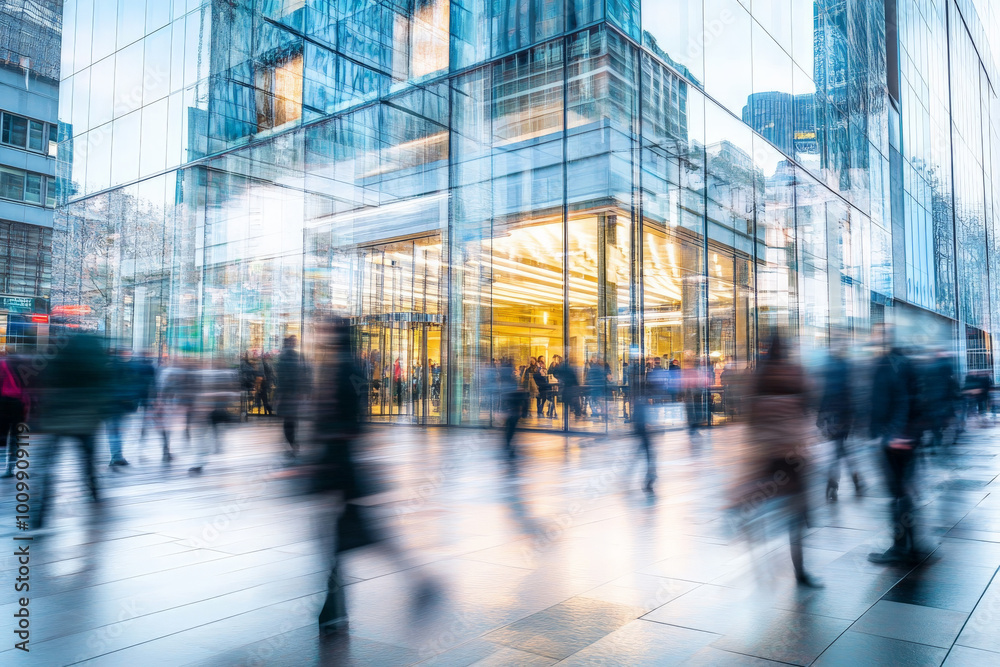 A large, modern office building set in a vibrant cityscape, with blurred figures of workers commuting to their jobs. The dynamic motion illustrates the hustle and bustle of city life, highlighting the A large, modern office building set in a vibrant cityscape, with blurred figures of workers commuting to their jobs. The dynamic motion illustrates the hustle and bustle of city life, highlighting the