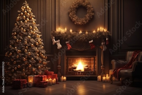 Interior christmas room fireplace candle light.