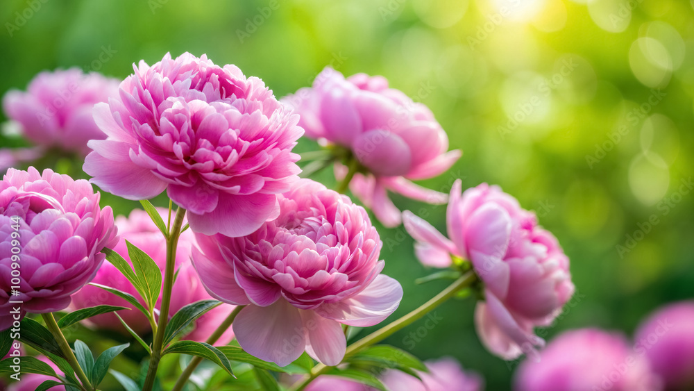 Pink peonies flowers on green blurred background in garden, spring floral background Pink peonies flowers on green blurred background in garden, spring floral background