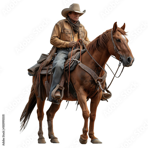 White Hat Rancher Riding a Beautiful Brown Horse