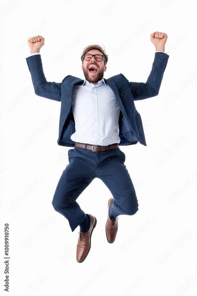 Happy young business man entrepreneur wearing suit, excited professional businessman winner celebrating online money profit, winning prize promotion isolated on white background. Happy young business man entrepreneur wearing suit, excited professional businessman winner celebrating online money profit, winning prize promotion isolated on white background.