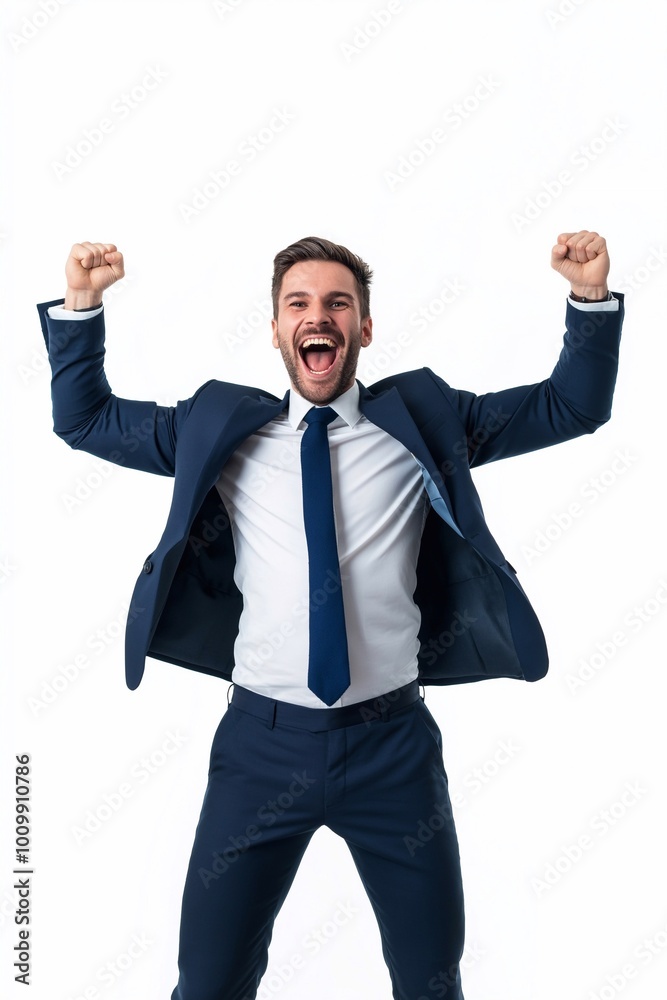 Happy young business man entrepreneur wearing suit, excited professional businessman winner celebrating online money profit, winning prize promotion standing isolated on white background. Happy young business man entrepreneur wearing suit, excited professional businessman winner celebrating online money profit, winning prize promotion standing isolated on white background.