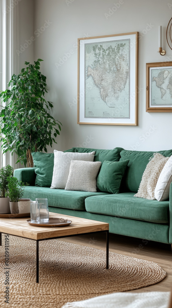 Fototapeta premium Green sofa with throw pillows in a modern living room.