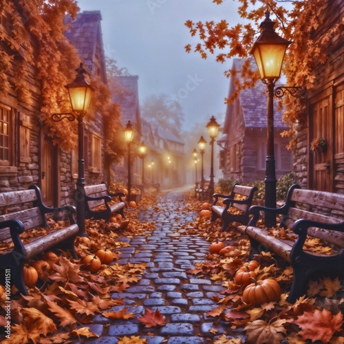 Charming Foggy Fall Village with Leaf-Strewn Cobblestone Path | Autumn Streetlamps and Warm Hues