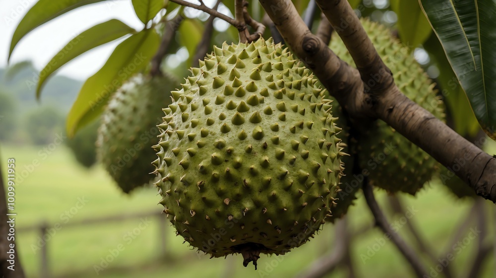 closeup image of a soursop attached to its tree background closeup image of a soursop attached to its tree background