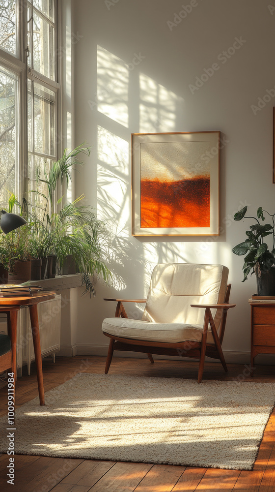 A cozy living room with a white armchair and a wooden desk. A cozy living room with a white armchair and a wooden desk.
