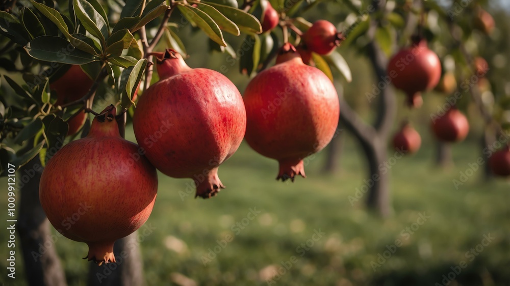 closeup image of a pomegranates attached to its tree background closeup image of a pomegranates attached to its tree background