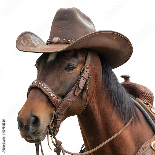 Brown Horse with a Cowboy hat, isolated on a transparent background, in close-up