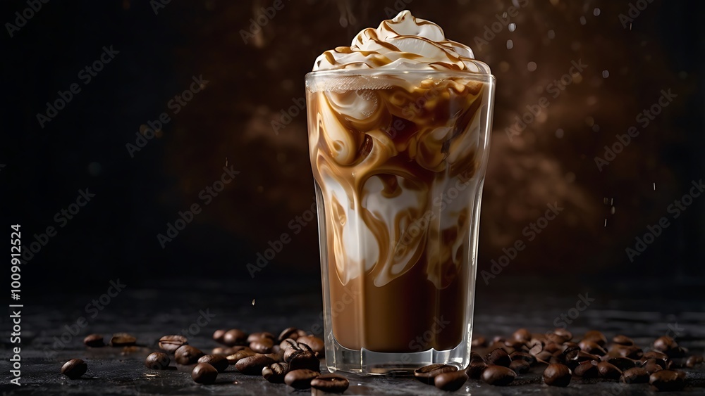 high resolution, professional photograph featuring a glass of iced coffee placed centrally against a dark, textured background, filled with a rich, dark coffee, topped with a swirl of whipped cream