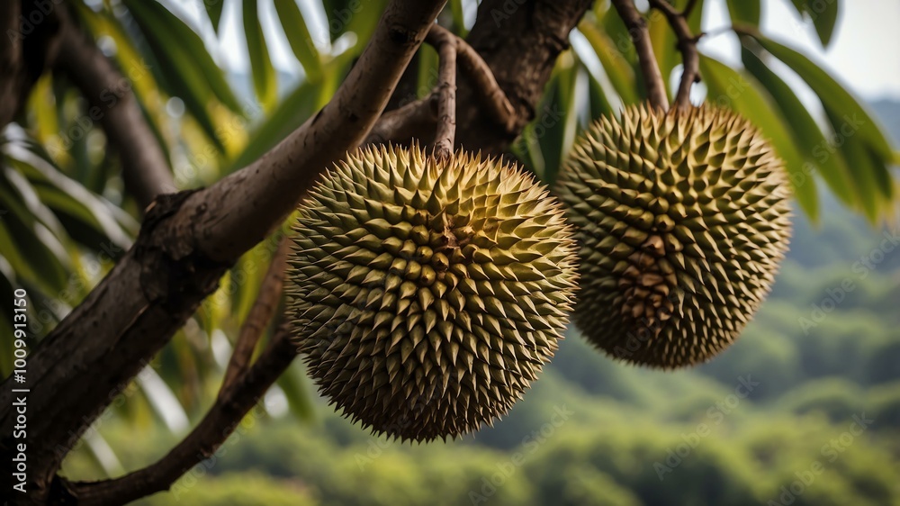 closeup image of a durian attached to its tree background closeup image of a durian attached to its tree background