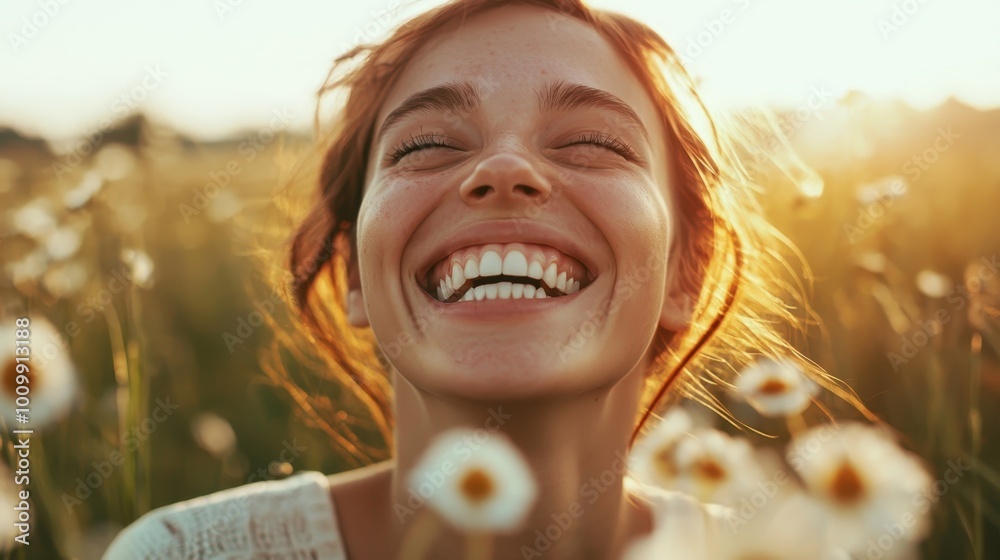 Elated Person Smiling in a Flower Field at Sunset Elated Person Smiling in a Flower Field at Sunset