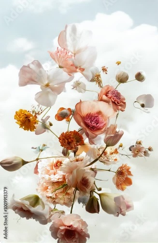 An autumn bloom explosion featuring vibrant flowers and soft clouds