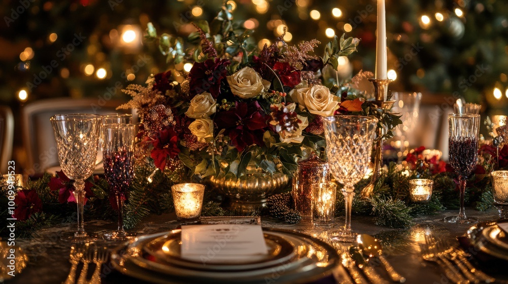 The holiday dinner table is meticulously set with fine crystal glassware, sparkling candles, and a stunning floral centerpiece, creating an inviting atmosphere for guests The holiday dinner table is meticulously set with fine crystal glassware, sparkling candles, and a stunning floral centerpiece, creating an inviting atmosphere for guests
