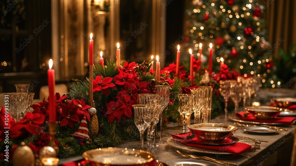 The elegant dining table is beautifully set for a holiday feast, featuring red floral arrangements, lit candles, and fine glassware. A Christmas tree adds festive cheer to the background The elegant dining table is beautifully set for a holiday feast, featuring red floral arrangements, lit candles, and fine glassware. A Christmas tree adds festive cheer to the background