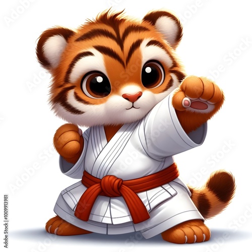A cute cartoon tiger cub dressed in a martial arts uniform, practicing karate with focus and precision. isolated, white background 