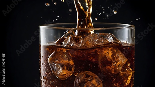 close up photograph of a tall, clear glass filled with a dark, carbonated beverage, likely cola, positioned centrally against a dark, gradient background  photo