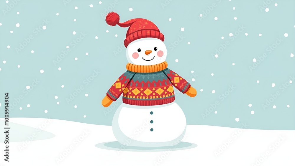 Cheerful snowman wearing a colorful sweater and hat in a winter wonderland setting Cheerful snowman wearing a colorful sweater and hat in a winter wonderland setting