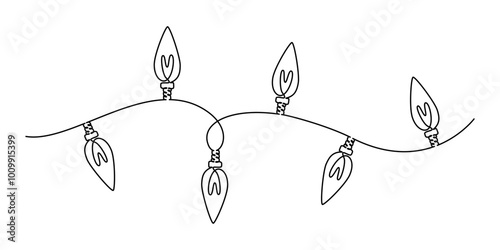 One continuous line drawing of Christmas garland with light bulbs. Festoon xmas string and festive border in simple linear style. Editable stroke. Doodle vector illustration