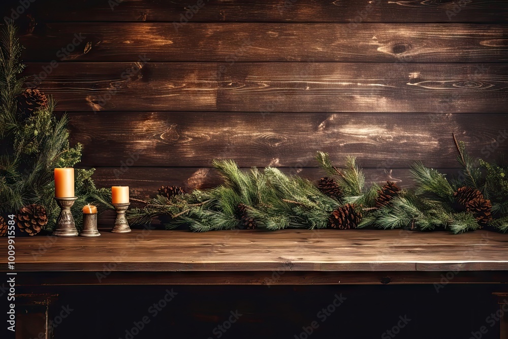 Wooden table christmas candle plant. Wooden table christmas candle plant.