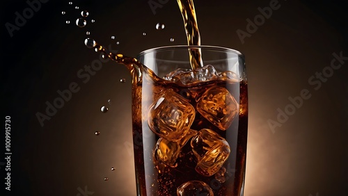 close up photograph of a tall, clear glass filled with a dark, carbonated beverage, likely cola, positioned centrally against a dark, gradient background  photo