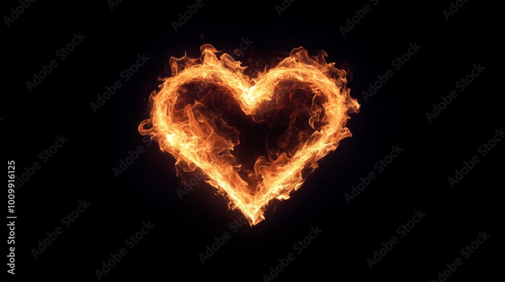 A vivid heart shape engulfed in flames against a dark background, representing the passionate and intense emotions often associated with love and desire.