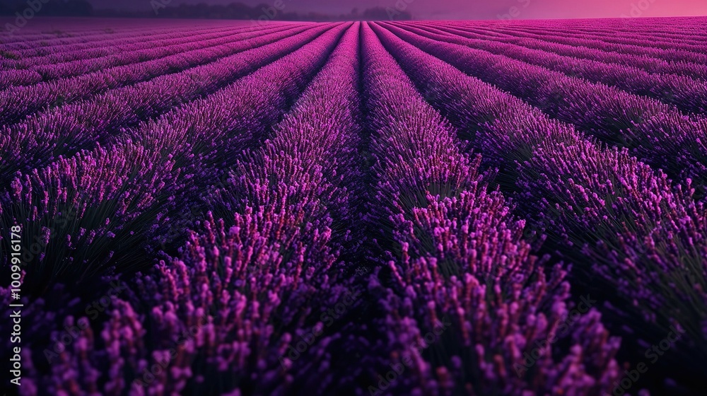 Obraz premium A lavender field with a pink sky in the backdrop and a pink mid-sky