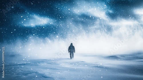 A dedicated researcher walks alone in a blizzard, surrounded by swirling snow and fierce winds, steadfast in their quest for knowledge in the harsh winter landscape