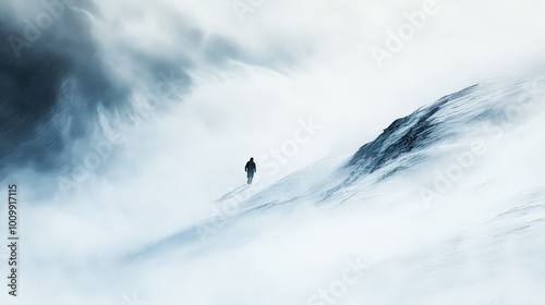 Amidst the chaotic whiteout, a lone person trudges through deep snow, battling strong winds and swirling snowflakes, encapsulated in a winter storm