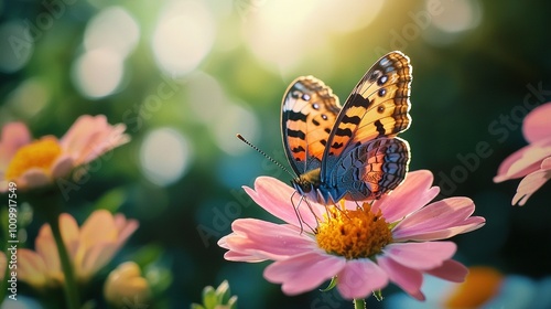  Butterfly on Pink Flower - a butterfly perched atop a pink flower, surrounded by a green and yellow background