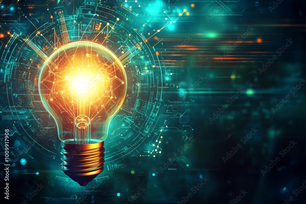 A luminous light bulb emanating intricate digital circuits, symbolizing innovation, technology, and creativity. Set against a vibrant, futuristic background. A luminous light bulb emanating intricate digital circuits, symbolizing innovation, technology, and creativity. Set against a vibrant, futuristic background.