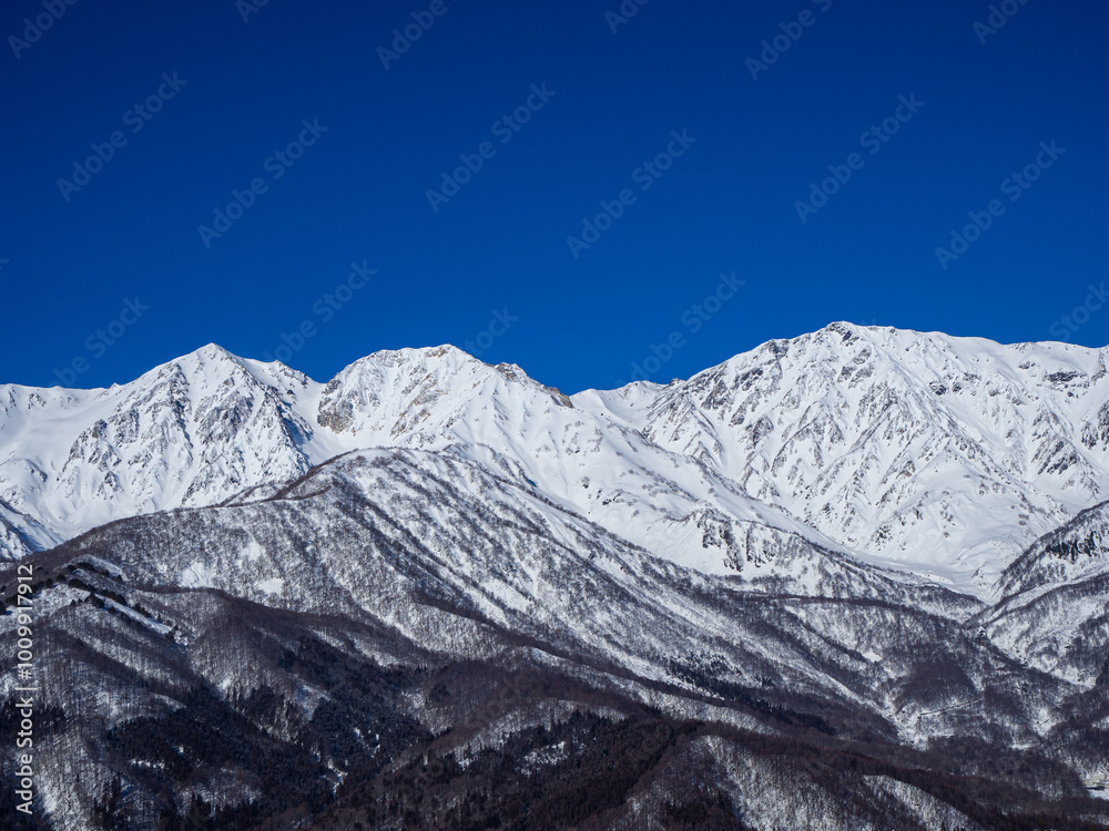 Obraz premium 快晴の空と真冬の北アルプス 長野県白馬村