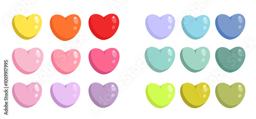 Set of isolated clipart colorful heart, hearts. Symbol of love in cartoon voluminous style. Rainbow colors. Vector illustration template for romantic Valentine Day