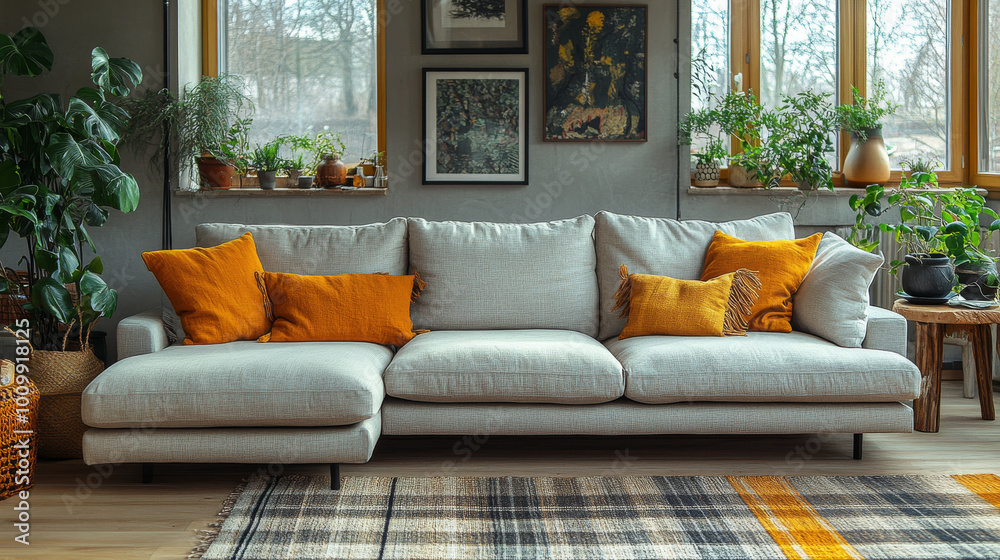 Fototapeta premium Cozy living room with a large sectional sofa, comfortable pillows, and plants.