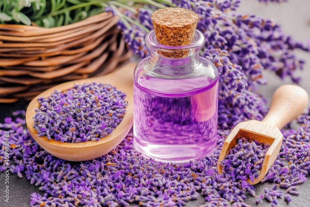 This image showcases a serene scene with lavender flowers, a jar of lavender essential oil, and rustic basket, conveying a sense of tranquility and natural beauty. This image showcases a serene scene with lavender flowers, a jar of lavender essential oil, and rustic basket, conveying a sense of tranquility and natural beauty.