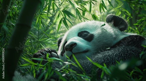  A panda naps in a bamboo grove with eyes shut and head resting on tree branches photo